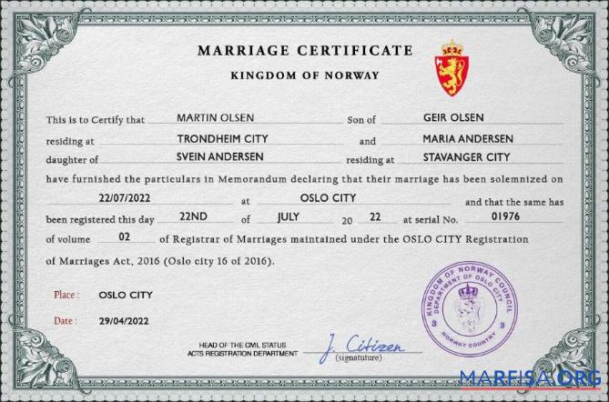Realistic Norway marriage certificate PSD template